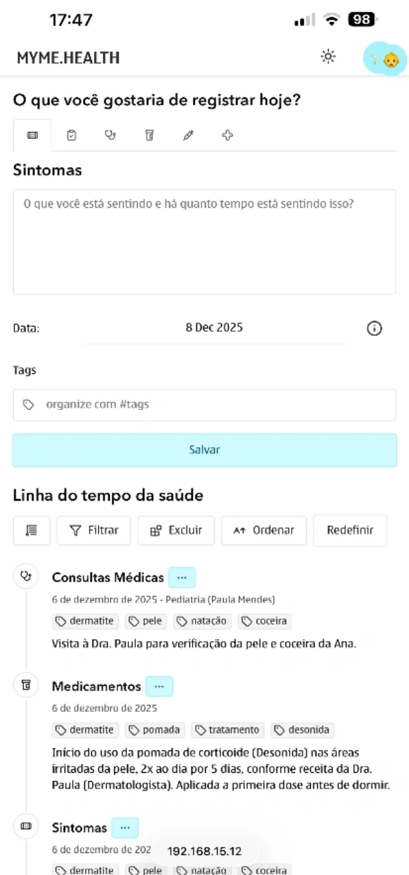 Tela do app MYME - adicionar dados